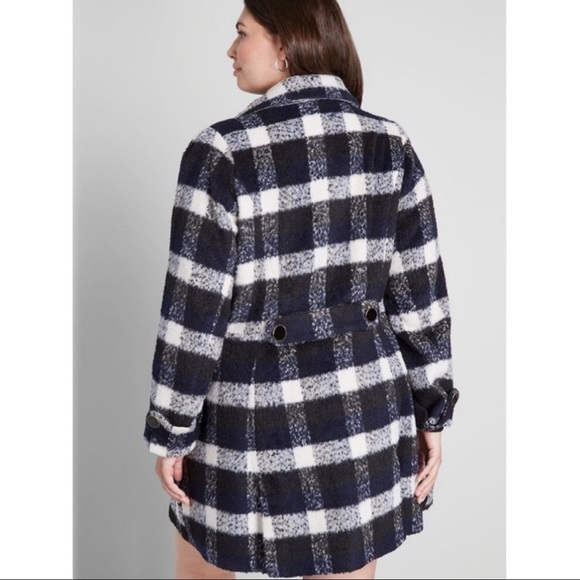 Modcloth Blue Plaid Pea Coat Wool Button Front XS - Picture 3 of 9
